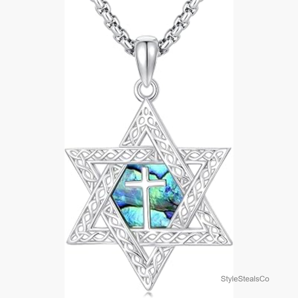 Sterling Silver Star Of David Necklace, Adjustable Chain, Abalone Shell